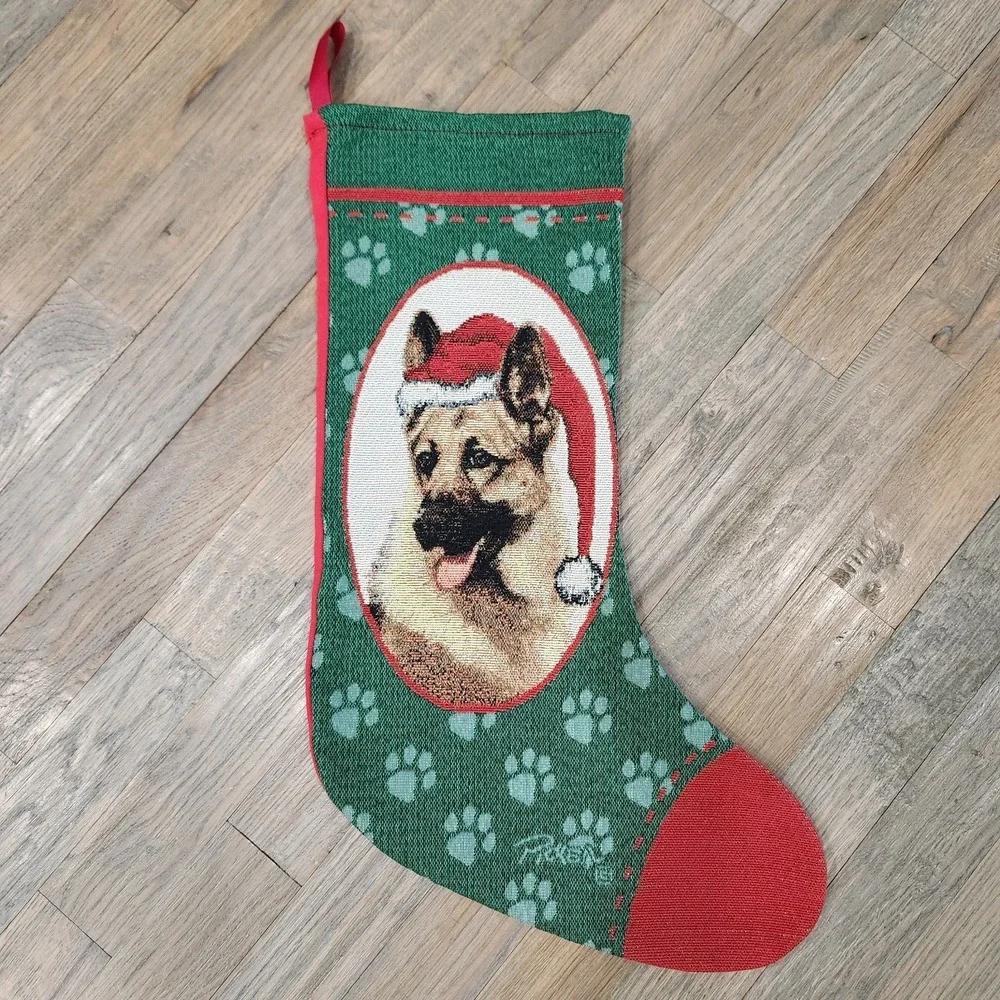 German Shepherd Dog‎ Christmas Tapestry Stocking USA Red Green Santa Hat Picken